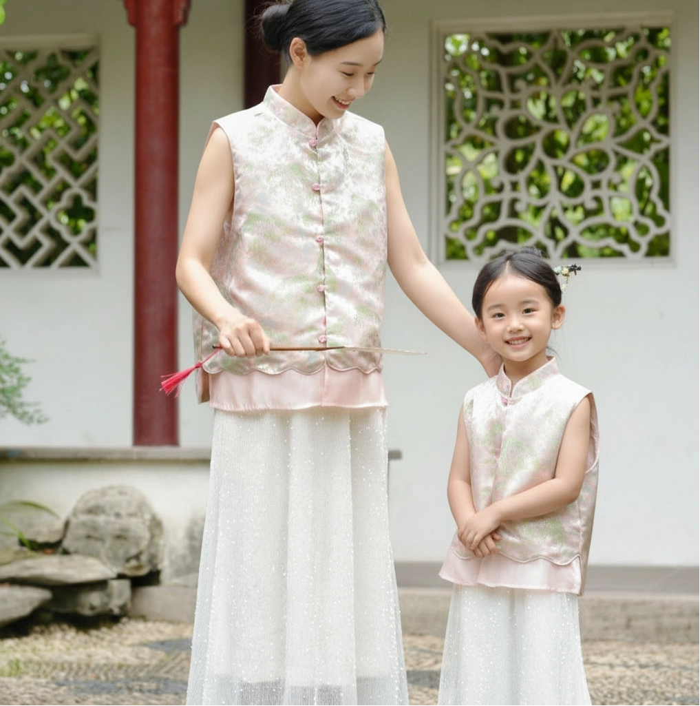 Women Jade Pond Cheongsam Vest with White Sequin Skirt